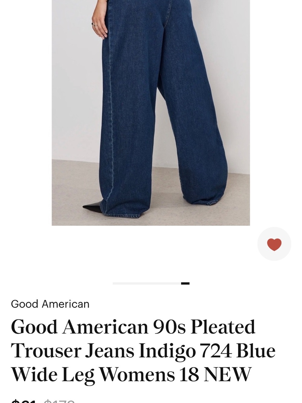 Good American 90s Pleated Trouser Jeans Indigo 724 Blue Wide Leg Womens 18 NEW